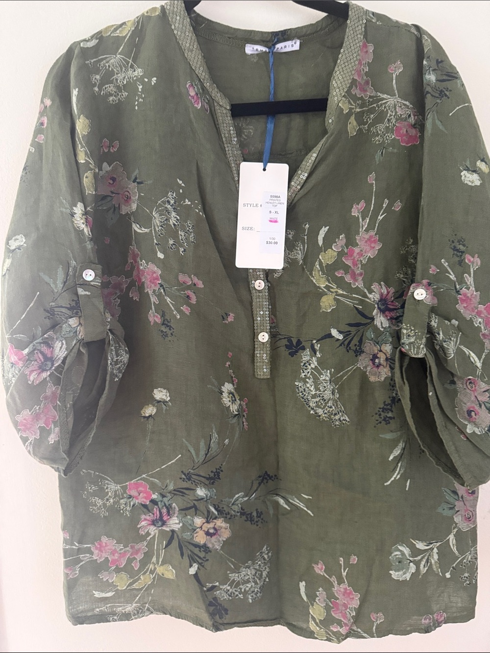Tempo Paris Olive Green Floral Tunic Top